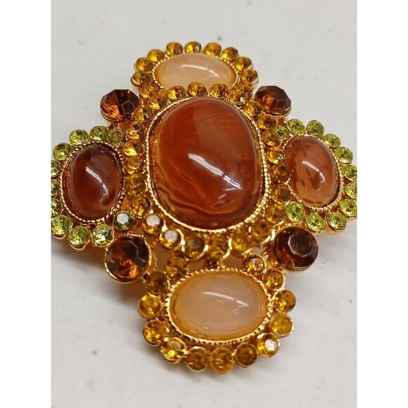 Butterscotch Amber Cream Lucite Cabochon Multicolor Rhinestone Brooch Pendant - Picture 6 of 8